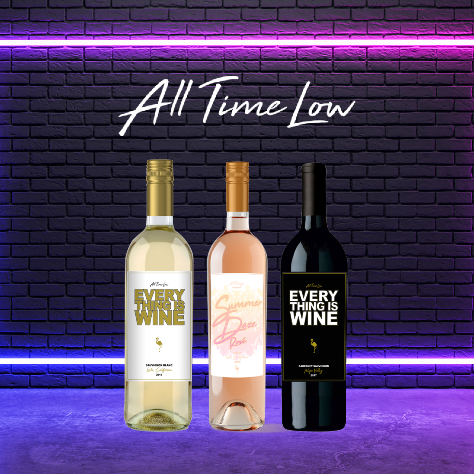 3 All Time Low branded wine bottles