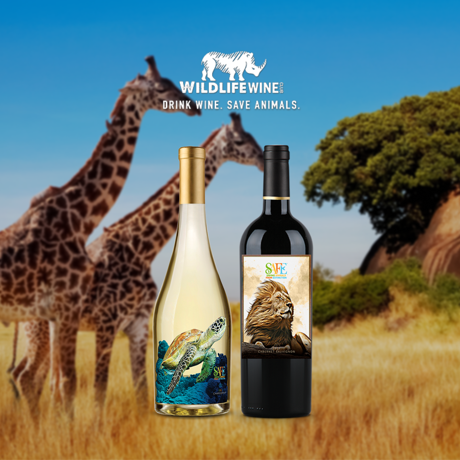 2 Wildlife Wine branded wine bottles
